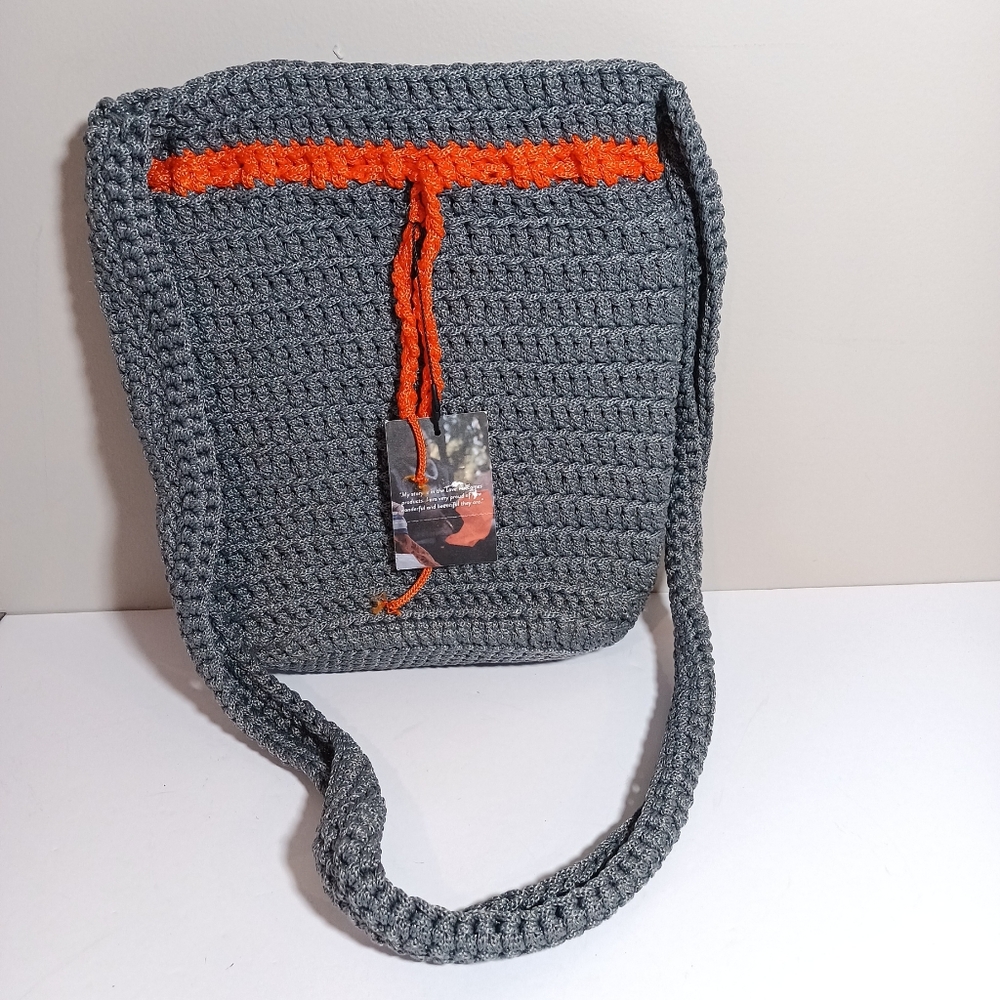 Love Welcomes Handknit crochet Refugee Made Shoulder Tote in Grey Orange New
